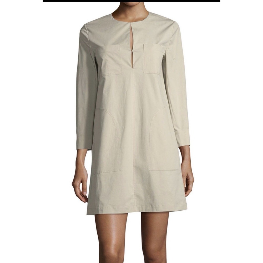 Theory Jullitah B Split-Front Poplin Tunic Dress 3/4 Sleeve‎ Tan Pockets Size 2